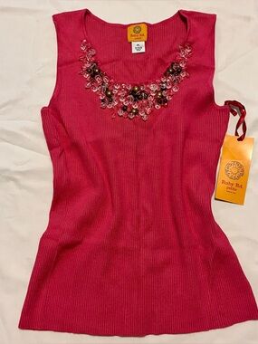 Ruby Rd. Hot Pink Beaded Ribbed Knit Tank Top - Size PL